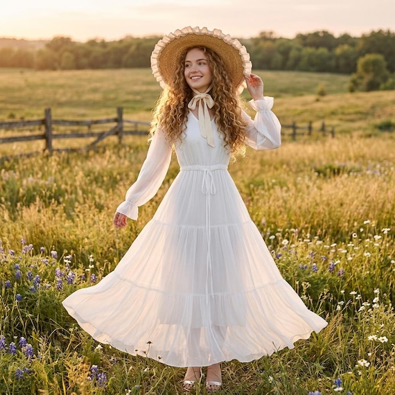 classic white summer dress Tiered Maxi | Ethereal Chiffon Gown | Dreamy Bohemian Long-sleeve Dress | Handcrafted Artisan Resort Wear beach white summer dress
