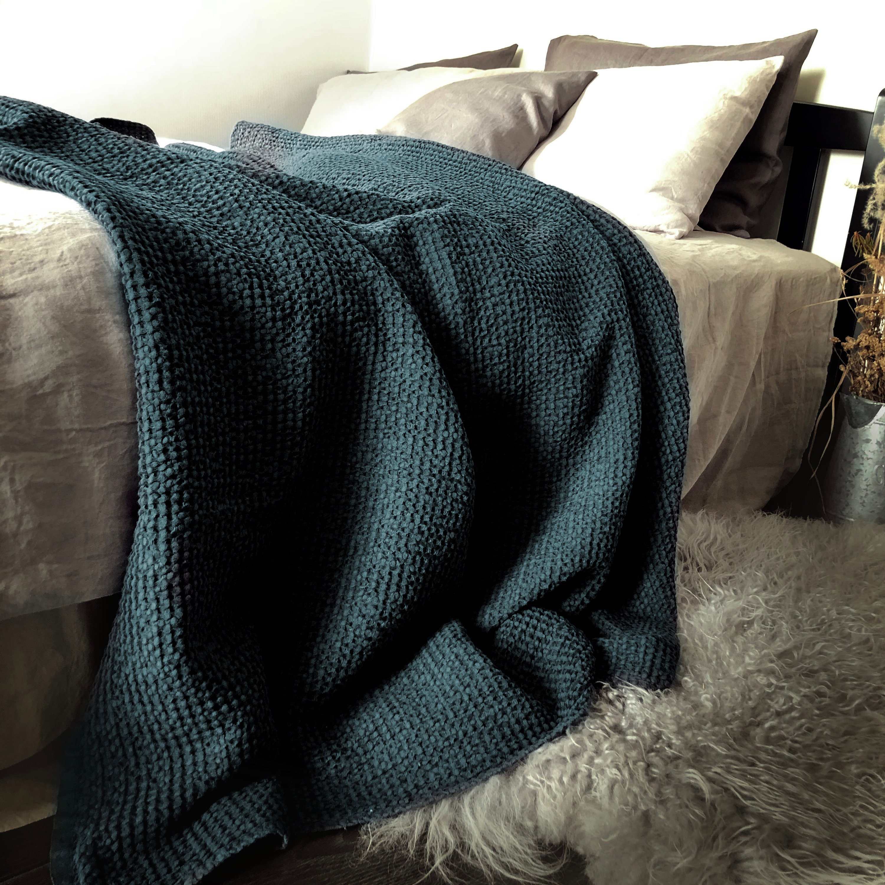 Dark Teal Color Linen/cotton Bed Throw, Wide Soft Bedspread, Summer