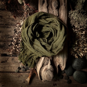 Rustic look Moss/Army green Natural Linen Soft Wrinkled shawl, gauze inen scarf with a nice fringe, long linen scarf, lightweigt gauze linen