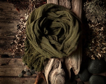 Rustic look Moss/Army green Natural Linen Soft Wrinkled shawl, gauze inen scarf with a nice fringe, long linen scarf, lightweigt gauze linen