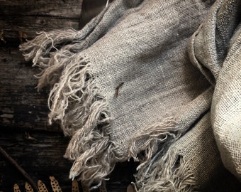 Pagan, tribal style undyed Linen Soft Wrinkled shawl, Rustic look gauze inen scarf with a nice fringe, long linen scarf, thick gauze linen