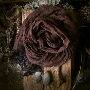 Chocolate, Coffee brown color 100% pure Linen gauze scarf, pre-washed linen wrap, lightweight, wrinkled, with a nice fringe, long scarf