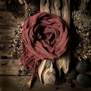 Rust, dark Brick red color 100% pure Linen gauze scarf, pre-washed linen wrap, lightweight, wrinkled, with a nice fringe, long scarf
