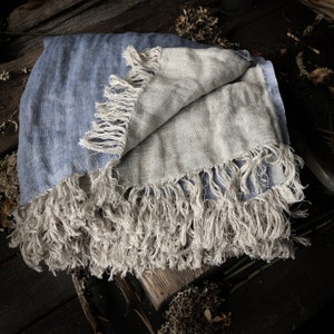 Light Denim Double layers weaved Natural Linen plaid, pre-washed blanket,bed throw, beach blanket, double sided, summer blanket, rich fringe