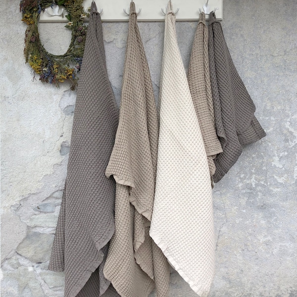 Natural colors Thick Linen-Cotton Waffle Bath and Hand Towels, Extra Soft stonewashed towels, thick waffle fabric, puffy waffle towels