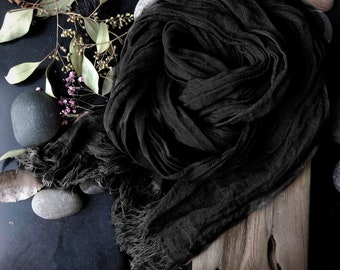 Long Black Linen scarf, 100%  natural linen long washed gauzy scarf, rustic look frayed shawl, natural wrinkles