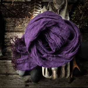 Violet 100% Pure Natural linen scarf, Rustic, Extra long, prewashed Linen gauzy scarf, lightweight frayed shawl, wrinkled, with a fringe