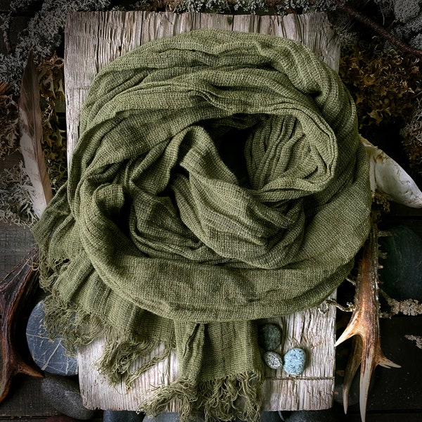 Olive green Natural Linen Wrinkled shawl, Moss green gauze inen scarf with a nice fringe, long linen scarf, lightweigt gauze linen