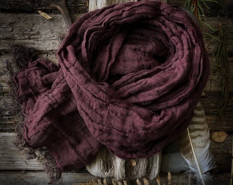 Dark Burgundy color 100% Pure Natural linen scarf, Rustic, Extra long, prewashed gauze scarf, lightweight frayed shawl, wrinkled, fringed