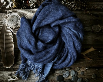 Blue, Indigo Natural Linen Soft Wrinkled shawl, Double face Smooth Scarf, Jeans fabric look linen scarf with a nice fringe, warm linen wrap