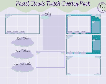 May include: A set of Twitch overlay graphics featuring pastel clouds and stars on a purple background. The overlays include a chat box, a new cheer notification, a new follower notification, and a new subscriber notification.
