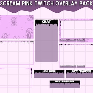 Peut inclure: Un ensemble de graphiques d'overlay Twitch rose et noir avec un motif de masque de cri. Les superpositions comprennent une boîte de chat, une alerte de nouveau follower, une alerte de nouveau abonné et une alerte de nouveau cheer.