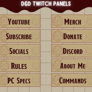 Op de afbeelding: Een set van tien bruine Twitch-panelen met een rode rand. Elk paneel heeft een 20-zijdige dobbelsteenafbeelding en tekst, waaronder "YouTube", "Abonneren", "Social Media", "Regels", "PC-specificaties", "Merchandise", "Doneren", "Discord", "Over mij" en "Commando's".