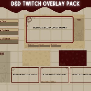 Może przedstawiać: Zestaw grafik nakładek Twitch do gier Dungeons and Dragons (D&D). Nakładki są w brązowo-czerwonej kolorystyce z wzorem kości do gry. Tekst "ZAWIERA DODATKOWY WZÓR KOLORU!" pojawia się na kilku nakładkach.