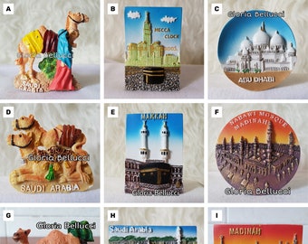 Magnete per frigorifero Arabia Saudita, Mecca, Madinah Landmark Icon Kaaba, Nabawi, al-Haram Modello 3D per souvenir da viaggio, decorazione per la casa in cucina
