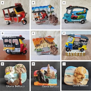 Fridge Magnet Thailand, Bangkok, Krabi, Hua Hin Landmark Icon Elephant, Tuk Tuk, Animal, Floating Market, 3D Model for Travel Souvenir Gift