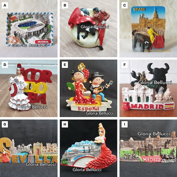 Fridge Magnet Espagne, Espana, Madrid, Cordoue, Séville Landmark Icon Matador Modèle 3D pour cadeau souvenir de voyage, décoration de cuisine