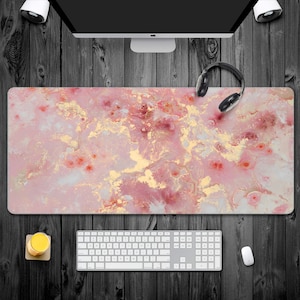 Large Mouse Pad, Cute Pink Desk Mat for Desktop, Women Girls Gaming Mousepad, Rose Gold Marble Computer PC Laptop Protector Writing Pads