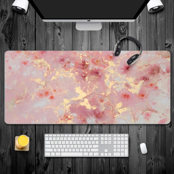 Large Mouse Pad, Cute Pink Desk Mat for Desktop, Women Girls Gaming Mousepad, Rose Gold Marble Computer PC Laptop Protector Writing Pads