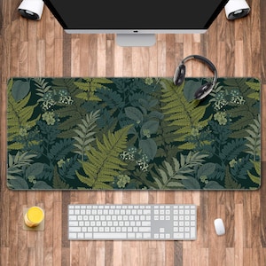 Botanical Art Nouveau Desk Mat - Sage Green Floral and Plant Detailed Design - Ideal Cute Office Decor & Extended Keyboard Laptop Mat