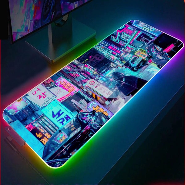 Retro Vaporwave City RGB Gaming Mouse Pad(3 patterns),Japanese RGB Gaming Desk Pad, Cyber Punk Gaming Desk Mat