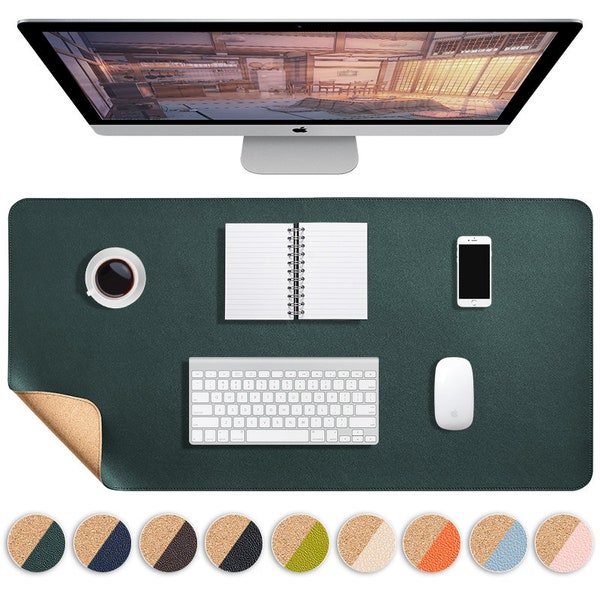 Personalisierte Schreibtischunterlage aus Kork und Leder (10 Farben), Schreibtischmatte in individueller Größe, Tastatur-Laptop-Desktop-Matte aus PU-Leder, individuelles Geschenk, veganes Mauspad XXL