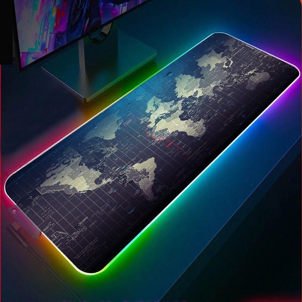 World Map RGB Gaming Mouse Pad, RGB Gaming Desk Pad, LED Light Gaming Desk Mat