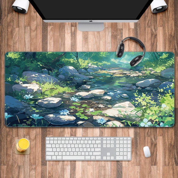 Anime Forest River Desk Mat, Green Desk Pad, Japanese XXL Mouse Pad, Aesthetic Anime Playmat, Cute Japan Gaming Table Keyboard Laptop Mat