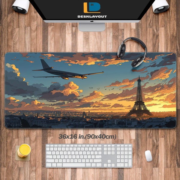Airplane Above Eiffel Tower Desk Pad, Pairs Gaming Desk Pad,France Scenic Large Mouse Pad XXL, Desk Laptop Computer Mat, Gift For French
