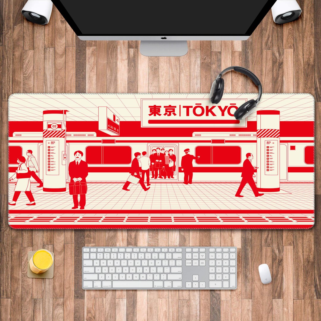 Anime Tokyo Desk Mat, Red Japanese Desk Pad, XXL Anime Gaming Mouse Pad
