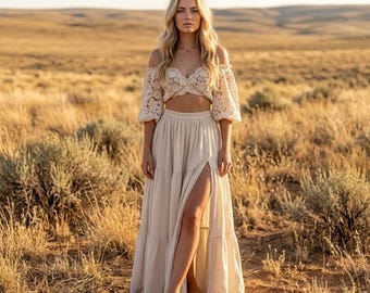 Completo boho con top in pizzo e gonna in lino / Abito per servizio fotografico di maternità, abito lungo rustico a due pezzi per donna
