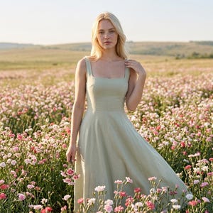 Puede incluir: Un vestido midi de color verde salvia con escote cuadrado y tirantes anchos. La prenda presenta un corpiño ajustado que se transforma en una falda acampanada, creando una silueta limpia. El tejido tiene un acabado mate y texturizado.