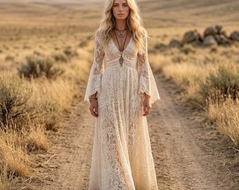 Ivory Lace Maxi Dress | Boho Long Sleeve V-Neck Wedding Guest Dress for Women Elegant Bridal Shower Outfit