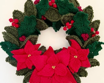 Poinsettia Christmas Floral Wreath Knitting Pattern