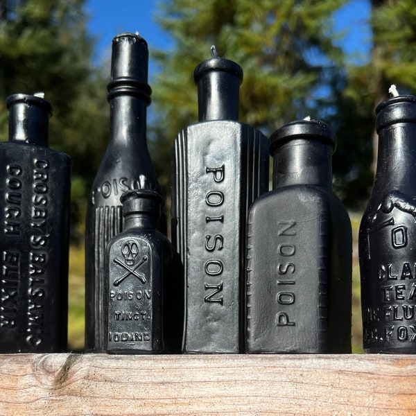 Halloween | Antique Bottle Candles | 100% Pure Beeswax | Handcrafted in Alaska from Authentic Historical Bottles | SET "Poison and Potion"