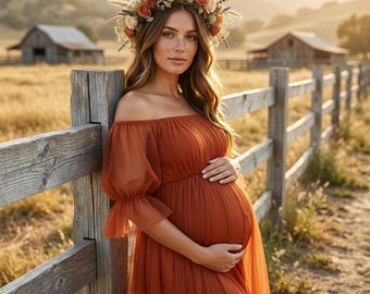 Off Shoulder Maternity Dress | Pregnancy Photoshoot Gown | Tulle Baby Shower Dress