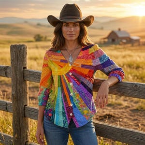 Camicetta boho patchwork / Camicia con stampa solare e bottoni / Top hippie da festival