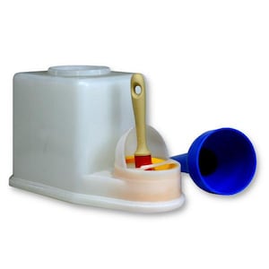 May include: White plastic container with a blue funnel and a small brush with a yellow handle. The container has a built-in brush holder and a funnel spout.