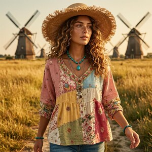 Boho Patchwork Print Blouse, V-Neck Prairie Tunic, Windmill Field Photoshoot Clothing, Festival Outfit, Denim Jeans Top, Gift for Her