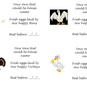 Personalised Egg carton box labels stickers, hens, chickens, ducks, geese, turkeys, quails- 18 per sheet