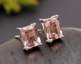 Natural Morganite Octagon Stud Earrings, 925 Sterling Silver, Delicate Pink Gemstone Jewelry