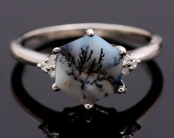 Natural Dendrite Agate Hexagon Ring, 925 Sterling Silver Delicate Jewelry, Minimalist Ring, White Stone Ring, Birthday Gift, Unique Gift
