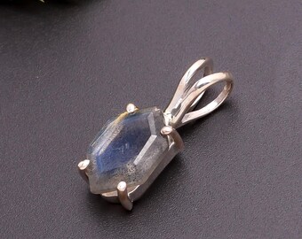 Natural Labradorite Hexagon Pendant, 925 Sterling Silver Handmade Minimalist Jewelry