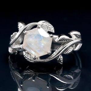 Natural Moonstone Hexagon Ring: 925 Sterling Silver Leaf Design
