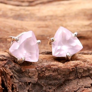 100% Natural Rose Quartz Trillion Shape Stud Earrings, 925 Sterling Silver Handmade Jewelry, Bohemian Earrings, Birthday Gift For Lovers