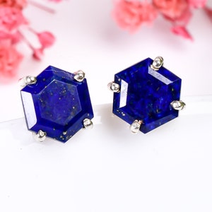 100% Natural Lapis Lazuli Hexagon Stud Earrings, 925 Sterling Silver Birthstone Jewelry, Blue Crystal Earrings, Birthday Gift For Lovers