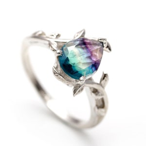 Anello a foglia in fluorite arcobaleno, gioiello in argento sterling 925, anello con gemma viola e verde, anello a forma di pera, regalo di compleanno, regalo di Natale