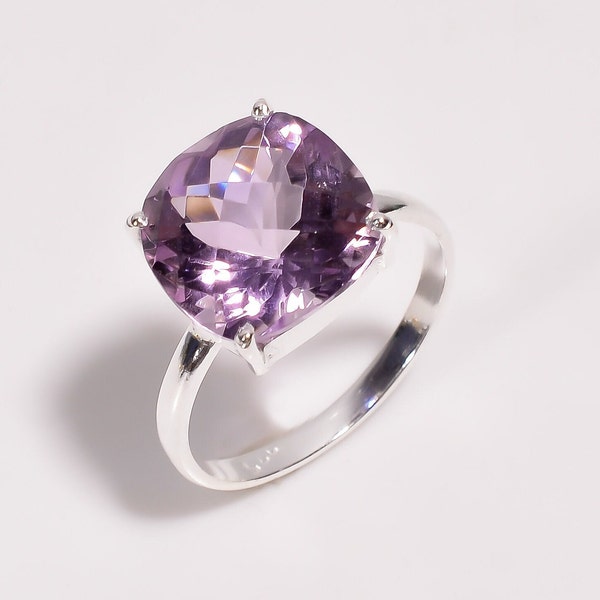 Natural Amethyst Ring, Rose De France Ring, Solid 925 Sterling Silver Jewelry, Cushion Ring, Pink Stone Ring, Handmade Simple Ring, 2.50 Gm.
