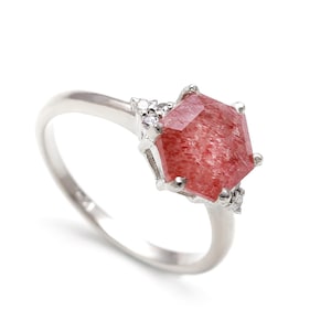 Strawberry Quartz Hexagon Ring: 925 Sterling Silver Minimalist Jewelry