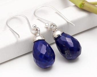 Orecchini Pendenti A Goccia In Argento 925 Rodiato E Lapislazzuli Blu - Grado A+, Lunghezza 4,2 Cm